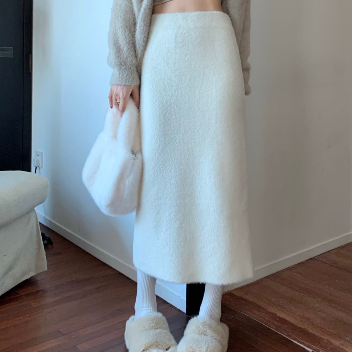Faux Mink Fur Bodycon Midi Skirt