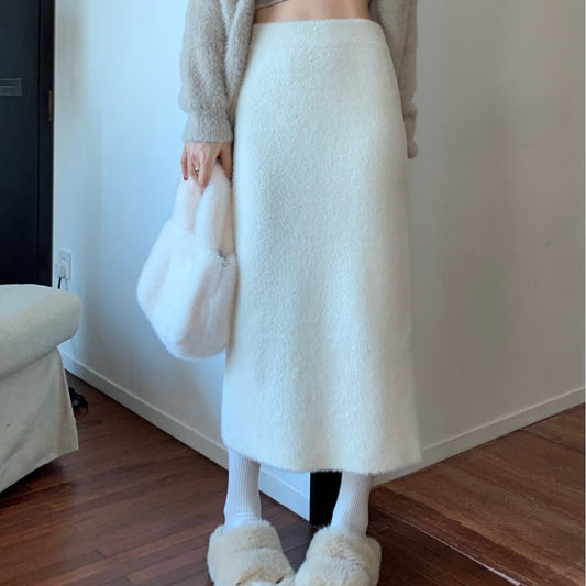 Faux Mink Fur Bodycon Midi Skirt