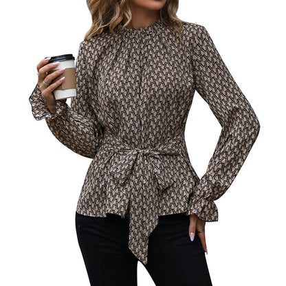 Chain Print Tie-Waist Flute Sleeve Blouse