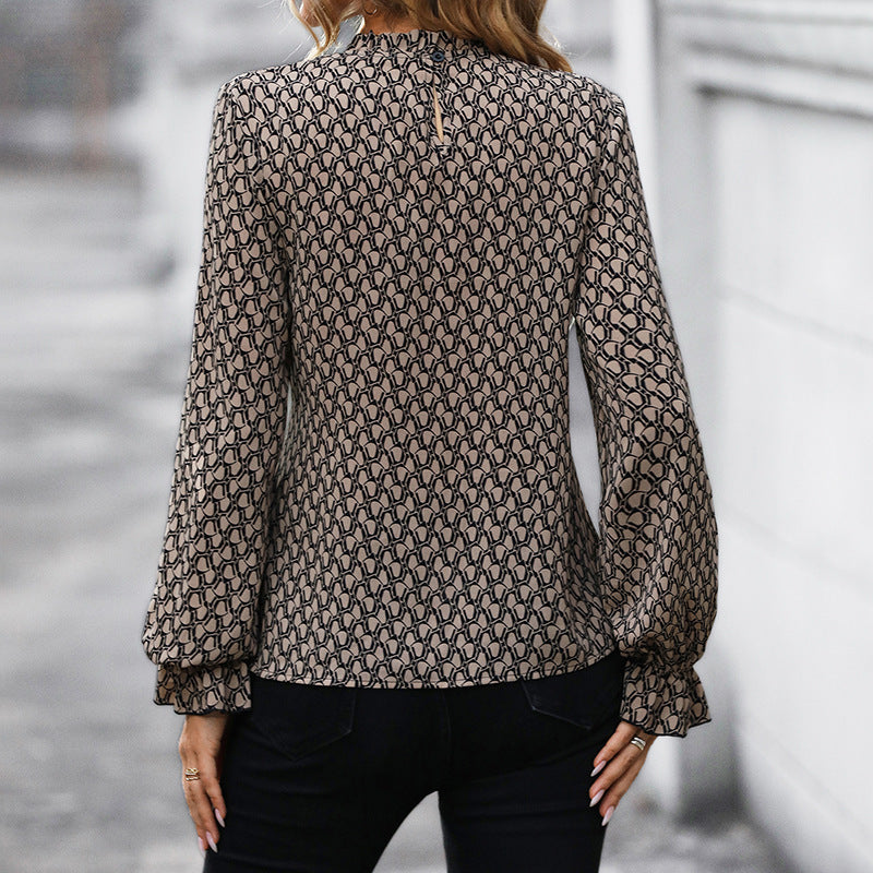 Chain Print Tie-Waist Flute Sleeve Blouse