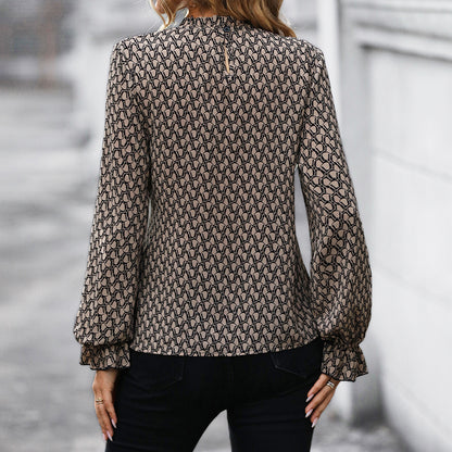 Chain Print Tie-Waist Flute Sleeve Blouse