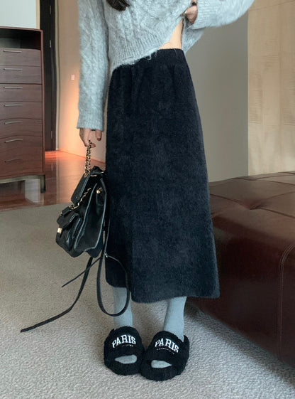 Faux Mink Fur Bodycon Midi Skirt