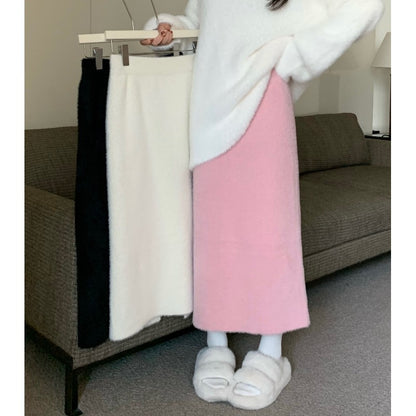 Faux Mink Fur Bodycon Midi Skirt